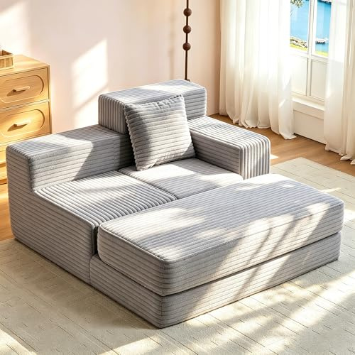 Wumagin Schlafsessel aus Cord, Riesiges Bodensofa mit Schlaffunktion, Cloud Sofa mit Chaiselongue mit 2 Kissen, Keine Montage erforderlich, Bequeme Relaxsessel für Wohnzimmer (Grau)