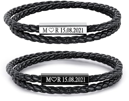 Personalisierte Pärchenarmband Partner Armbänder mit Gravur - Lerderarmband mit Magnetisch Verschluss Partnerarmband für Paare Mann Frau Geschenke für Valentinstag Weihnachten Geburtstag Jahrestag