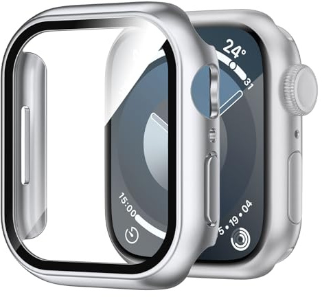 Kamita vattentätt fodral för Apple Watch serie 9/8/7 41 mm, hårt PC-stötdämpande fodral med skärmskydd av härdat glas, stötsäkert full kropp, skyddsfodral för iWatch 9/iWatch 8/iWatch 7 41 (silver)