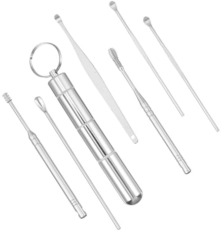 LALADEFIEE Outil de Nettoyage du Cérumen Argenté en Acier Inoxydable Poignée Ergonomique 7 Pièces Ensemble Portable Soin Auriculaire Précis pour Oreilles