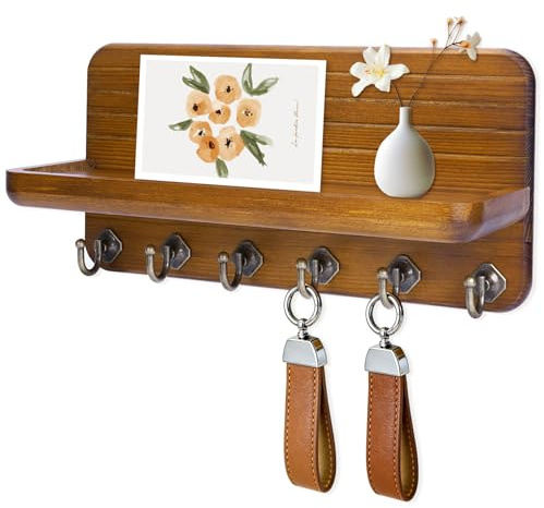 Kldgris Nyckelbräda med hylla, nyckelbräda, trä med 6 nyckelkrokar, för hall, sovrum, kök, hängande köksbestick vintage, gul