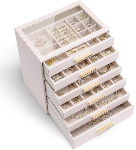 VLANDO Schmuckkästchen Groß,Schmuckaufbewahrung mit 6 Ebenen,PU leader | Schmuck Organizer für Halsketten, Ohrringe, Uhren, Armbänder，Wohndekoration, Geschenk für Damen,Rosa