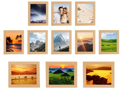 wocpvm Collage de Marcos de Fotos 11Pcs Marcos para Pared | Marcos de Madera Múltiples,2 Tamaños 20×15cm + 15×11cm,Decoración de Pared,Decoración de Recuerdos,Beige Natural