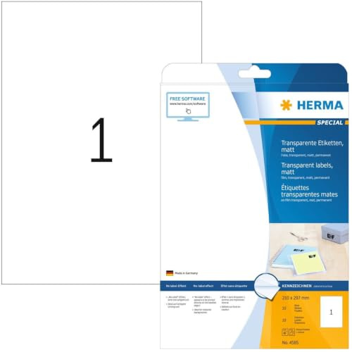 HERMA 4585 Wetterfeste Folienetiketten transparent, 10 Blatt, 210 x 297 mm, 1 pro A4 Bogen, 10 Stück, selbstklebend, bedruckbar, matt, blanko Klebeetiketten Aufkleber aus Folie, durchsichtig