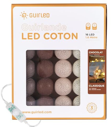 GuirLED - LED Baumwollkugeln Lichterkette USB - Baby Nachtlicht 2h - Dual USB 2A Netzteil enthalten - 3 Intensitäten - 16 Kugeln 1.6m - Schokoladenbraun