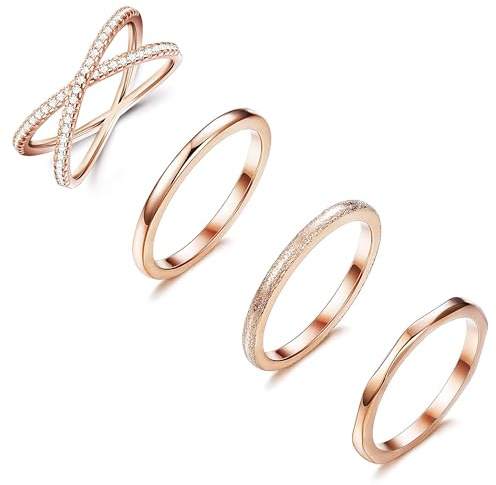 Milacolato 4 STÜCKE Edelstahl Stacking Hochzeit Band Ringe Frauen CZ Criss Cross Ring Mädchen Engagement Eternity Knuckle Mid Ring Set Silber/Rose Gold