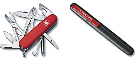 Victorinox Taschenmesser Deluxe Tinker (17 Funktionen, Phillips-Schraubendreher, Kombizange, Schere) rot & Dual-Messerschärfer, Tragbar, Schleifstein für Grobschliff, Keramikplättchen für Feinschliff