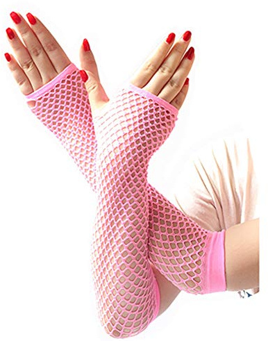 Egurs Damen Mädchen Fischnetz Netz Lang Handschuhe Fingerlos Pink | Atmungsaktives Netzdesign mit elastischer Passform, modisches Accessoire für Outfit Styling, Alltag Party und Events