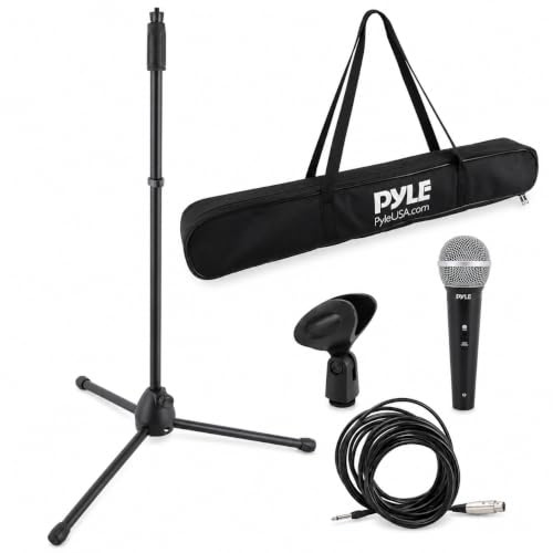 Professional Handheld Dynamic Microphone Kit - Unidirectional Vocal Wired Microphone w/Carry Bag, Metal Mic Stand, Holder/Clip & 16.4ft XLR Audio Cable to 1/4'' Audio Connection - Pyle PDMIC88ST