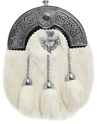 LEATHER AND WHITE FUR 3 TASSELS SCOTTISH BRASS CANTLE SPORRAN WITH BELT