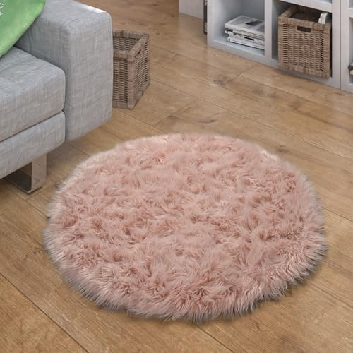 Paco Home Kunstfell Fellteppich Imitat Sitzkissen Herzform Rund Verschiedene Formen, Rosa, Grösse:Ø 120 cm Rund