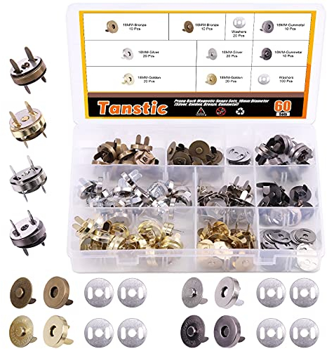 Tanstic Magnetische Knopfverschlüsse, 18 mm, 4 Farben, 60 Sets, 18 mm, 4 Farben, zum Nähen, Basteln, Geldbörsen, Taschen, Kleidung, Leder