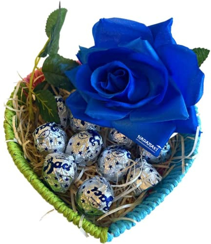 Regalo Festa della Mamma 2025 - Cesto a Cuore + Cioccolatini Baci Perugina 125gr + Rosa Eterna Blu Artificiale (Baci Perugina)