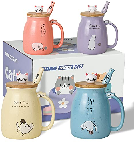 Set di 4 tazze da caffè in ceramica con coperchio adorabile gattino e cucchiaio di pesce Novità mattutino tè latte tazza Set per donne Natale regalo di compleanno tazza 450 ml (blu rosa viola giallo)