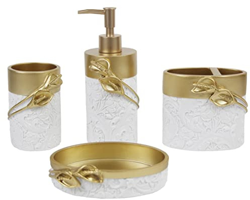 Hymmah Badezimmer-Zubehör-Set, goldenes Design, Zahnbürstenhalter, Bauernhaus-Badezimmer-Dekoration, 4-teiliges Kunstharz-Geschenk-Set, Wohnungsbedarf, enthält Zahnbürstenbecher, Seifenspender,