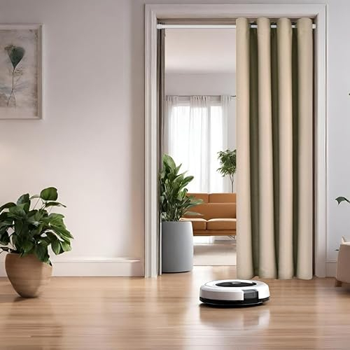 tinycurtains, Thermo Türvorhang mit Teleskopstange, einfache Montage in nur 1 Minute ohne Bohren (Türgardine beige H195 x B150 cm + Stange weiß B70-120 cm)