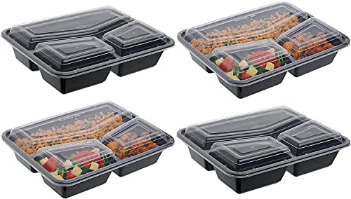 HOT BARGAINS 150 X Reusable Square Shape 3 Compartment Black Food Containers with Clear Lids Microwave, Oven and Freezer Safe BPA Free for Catering Restaurants
