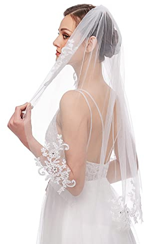IYOU Spitze Frauen Braut Schleier Weiß Kurz Tüllschleier 1 Stufe Party Braut Schleier mit Kamm zum Frauen Hochzeit Jubiläum (White)