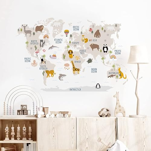 DOTUIARG Cartoon große Weltkarte Wandaufkleber Tiere Aquarell Kinder Vinyl Kinderzimmer Abziehbilder für Mädchen Zimmer Home Decor