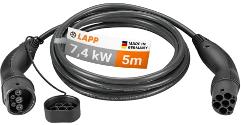 LAPP MOBILITY Câble de Recharge 5m Type 2 7,4 KW - Lisse - 32 A - monophasé - Câble de Recharge pour Voiture électrique - Mode 3 - Fabriqué en Allemagne, Noir