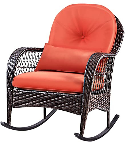 SFAREST Garden Rocking Chair, Rattan Patio Rocker Chair with Cushion and Waist Pillow, All-weather Outdoor Relaxing Rocker for Front Porch, Backyard & Poolside(Red, 67x87x95cm)
