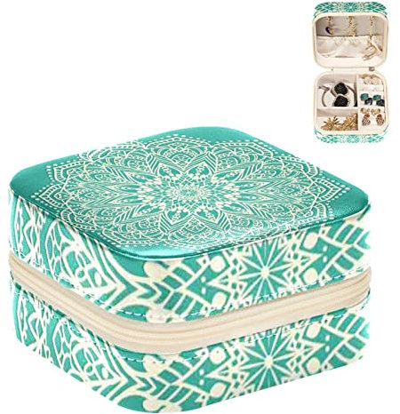 KQNZT Schmuckkästchen für Frauen, Schmuckkästchen für Mädchen, tragbares Mini-Schmuckkästchen,Ethnische Retro Türkis Mandala mit Blumen