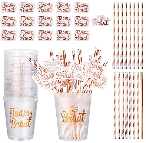 16 Stück JGA Becher Team Braut Zubehör Set für Frauen Frau, Rosegold Team Bride Tribe Plastik Cups Tassen Trinkbecher Mit Strohhalm Bride To be Aufkleber Accessoires für Junggesellenabschied Party