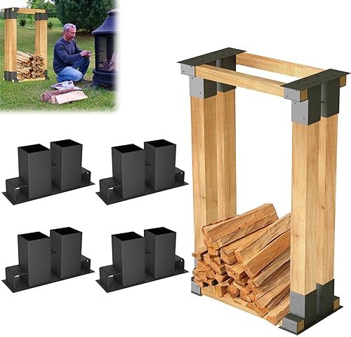 TRMLBE Holzstapelhilfe für Kaminholz 4 Stück Brennholz Stapelhilfe Holzstapelhalter Stabile Gestell Holz Kaminholzregal Für Innen- und Außenbereich, Schwarz - 30x10x15cm