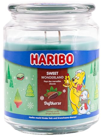 Haribo Duftkerze im Glas | Sweet Wonderland 510g | 100h Brenndauer | Duftkerze Süß | 2 Dochte | Glas | Winterduft | Geschenkidee für Weihnachten