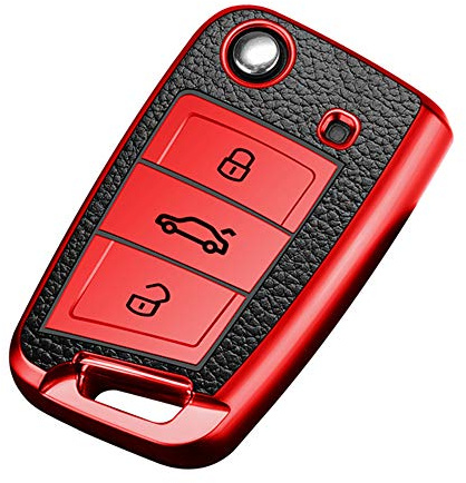 KUNIO Schlüsselhülle Passt für VW Golf 7 MK7 Tiguan Polo T-Cross Passt für Seat Leon Cupra Ateca Ibiza Schlüsselcover Passt für Skoda Fabia Octavia Klapp TPU Schlüsselschutz D Rot