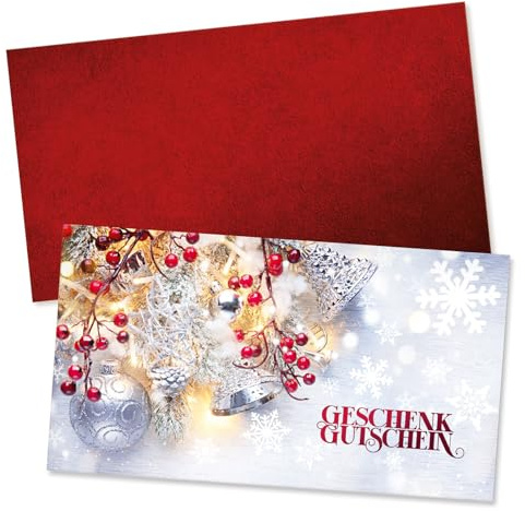 GESCHENKGUTSCHEINcom by POS-HAUER. Gutschein-Set. 25x Gutschein + Kuvert. Für Weihnachten, blanko zum selber Ausfüllen für Firmen.