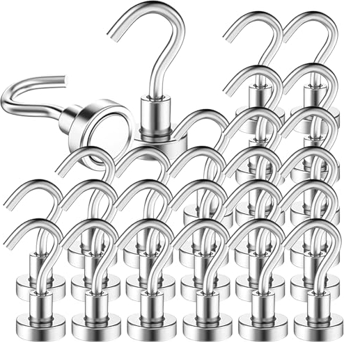 MIN CI 26pcs Ganchos Magnéticos Extra Fuertes, 16mm, Imanes Neodimio con Gancho, Ganchos Imantados Furgoneta 10kg, Imán con Ganchos, Redondos Imanes Potentes, Ganchos de Cocina