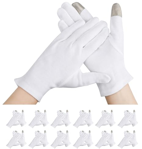 Segbeauty Guanti di Cotone, 12 Paia Guanti Cotone Dermatologici, Touch Screen, Bianchi, per Durante la Notte Guarisci Eczema (L)