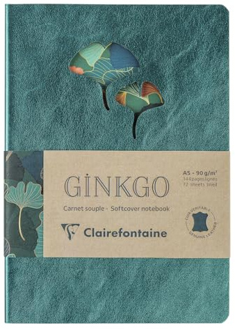 Clairefontaine 115949C - Notizbuch Ginkgo, aus Leder, DIN A5 14,8x21 cm, 72 Blatt liniert 90g, farbig sortiert, 1 Stück