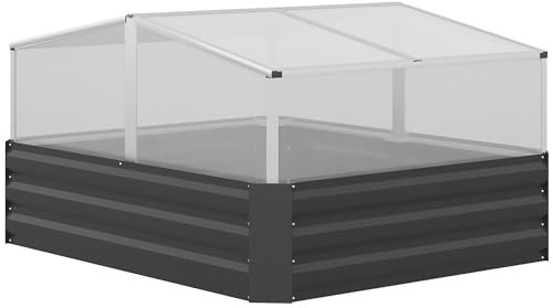 Outsunny Galvanised Raised Garden Bed with Greenhouse and Openable Cover for Vegetables and Flowers, Metal Outdoor Planters for Patio and Garden, 126 x 107 x 67.5cm, Dark Grey