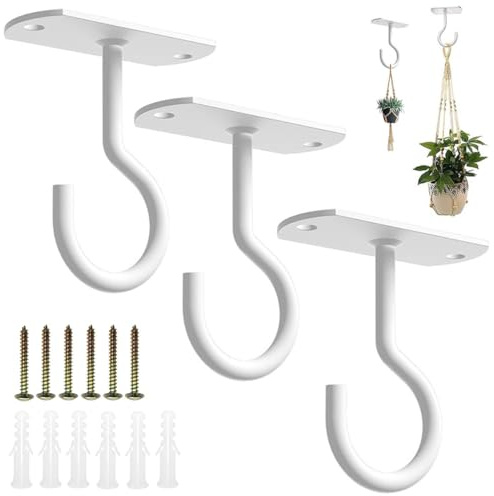 SamHeng Ganchos de Techo para Plantas Colgantes, 3 Piezas Gancho para Plantas de Metal Soporte de Pared para Perchas de Linternas Cestas Colgantes Comederos Pájaros Campanas de Viento (Blanco)