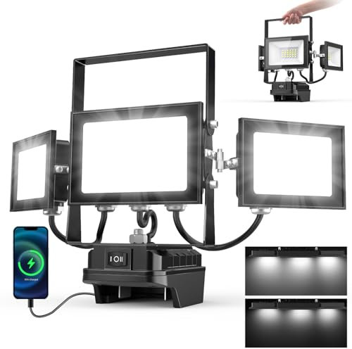 papasbox Lampe à batterie pour projecteur de chantier sans fil 18v Lampe de travail LED 90W | IP65 étanche 6500K blanc froid chantiers | M-akita Lampe projecteur avec 2 chargeurs USB (sans batterie)