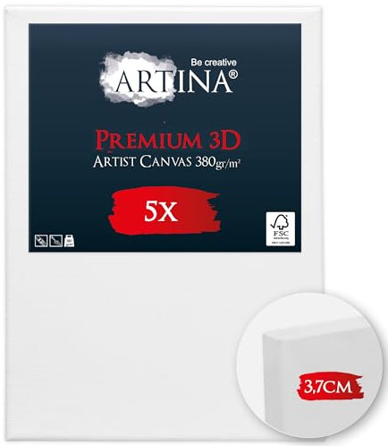 Artina 5er Set 3D Leinwand 50x70cm – Bespannt auf stabilem FSC® Keilrahmen, verzugsfrei, 3-fach weiß vorgrundiert, Premium Qualität, 100% Baumwolle, 380 g/m² – Künstlerbedarf