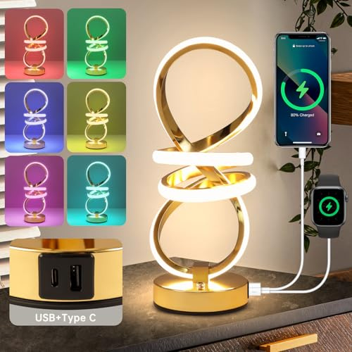 EIDISUNY RGB Nachttischlampe LED, Touch Control Dimmbare Lampe mit 6 Farbwechsel und 3 Stufen Warmweiß, Moderne Tischleuchte mit USB Anschlüssen, Nachtlicht für Schlafzimmer, Büro, Wohnzimmer (Gold)