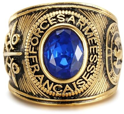BOBIJOO Jewelry - Chevalière Universitaire Forces Armées Françaises Acier Inoxydable Doré Noir Pierre Bleue réplique Saphir Honneur et Patrie - 71 (13 US)