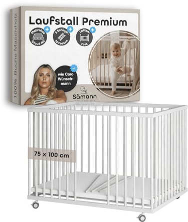 Sämann Laufstall Baby mit Matratze, Schlupfsprossen & Lattenrost | stufenlos höhenverstellbar | Laufgitter Premium | Babybett aus Holz | Krabbelgitter (weiß, 75x100 cm)