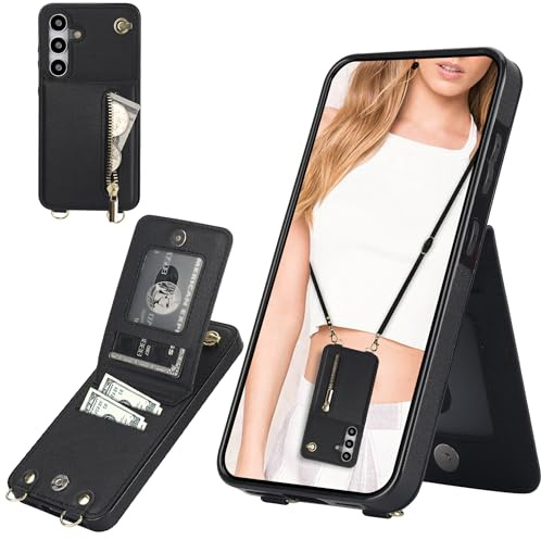 Ysnzaq Geldbörse Hülle für Samsung Galaxy S24 FE XK Schwarz | PU Leder Brieftasche Handyhülle mit Band, Reißverschluss, Kartenfach, Stoßfest Schutzhülle für Samsung Galaxy S24 FE