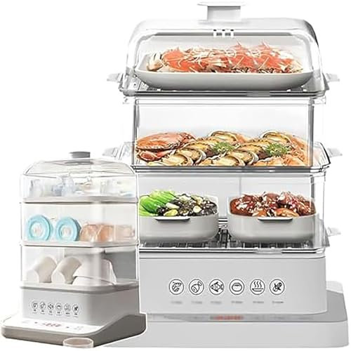 Vaporera eléctrica para cocinar, vaporera de alimentos de 3 niveles extraíble con capacidad de 40 l, función de aislamiento de 12 horas y 6 modos de cocción para verduras, carnes y pescado.