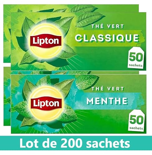 Lipton Pack Thé Vert classique Origine Asie, Thé vert menthe, Infusion à Froid ou Chaud, Ingrédients d'Origine 100% Naturelle, 200 sachets