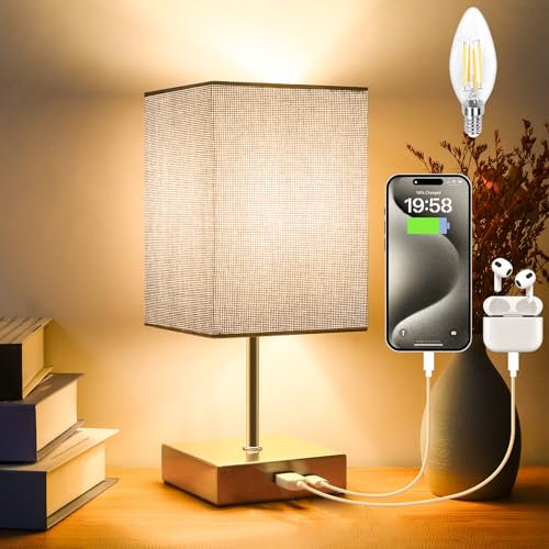 Totofac Touch Bedside Table Lamp, Touch Control Table Lamp with USB-C＆USB-A Charging Ports, Lamps 3 Way Dimmable, Small Lamp Grey Flaxen Fabric Shade for Bedroom，Dimmable Bulb Included