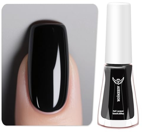 Aieenjor Nagellack schwarz, 10ml Glänzend Schnelltrocknender Langanhaltender, Nagellack für DIY Nail Art Maniküre