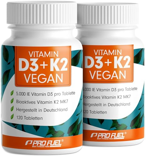 Vitamin D3 K2 VEGAN - 240 Tabletten mit 5000 IE D3 + 200 mcg K2 (MK7) - veganes Vitamin D3 (RAWD3®) aus Kiefernharz - Vorratspack zur langfristigen Einnahme - laborgeprüft mit Zertifikat - 100% vegan