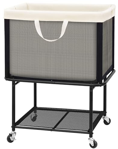 STO STO Rolling Laundry Hamper with Lockable Wheels, 29-Gallon (110L) Laundry Cart with Removable Canvas Bag, 2-Tier Clothes Basket Hamper with Shelf for Closet, Bedroom, Bathroom, Laundry Room