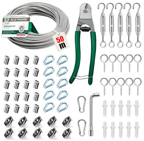 Gartstary 50m cable acier 3mm Épaisseur - 70pcs kit câble acier inoxydable 304 avec tendeur cable, serre cable acier - Solidité, Pratique - Idéal pour corde à linge, Treillis et Projets DIY Extérieurs