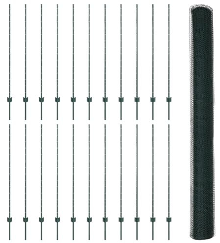 vidaXL Sechseckzaun Grün 1,4x50 m | Langlebiger UV-beständiger Metallzaun inkl. 1 Rolle und Spikes, modernes sechseckiges Design für Garten oder Tiergehege als Außenbarriere